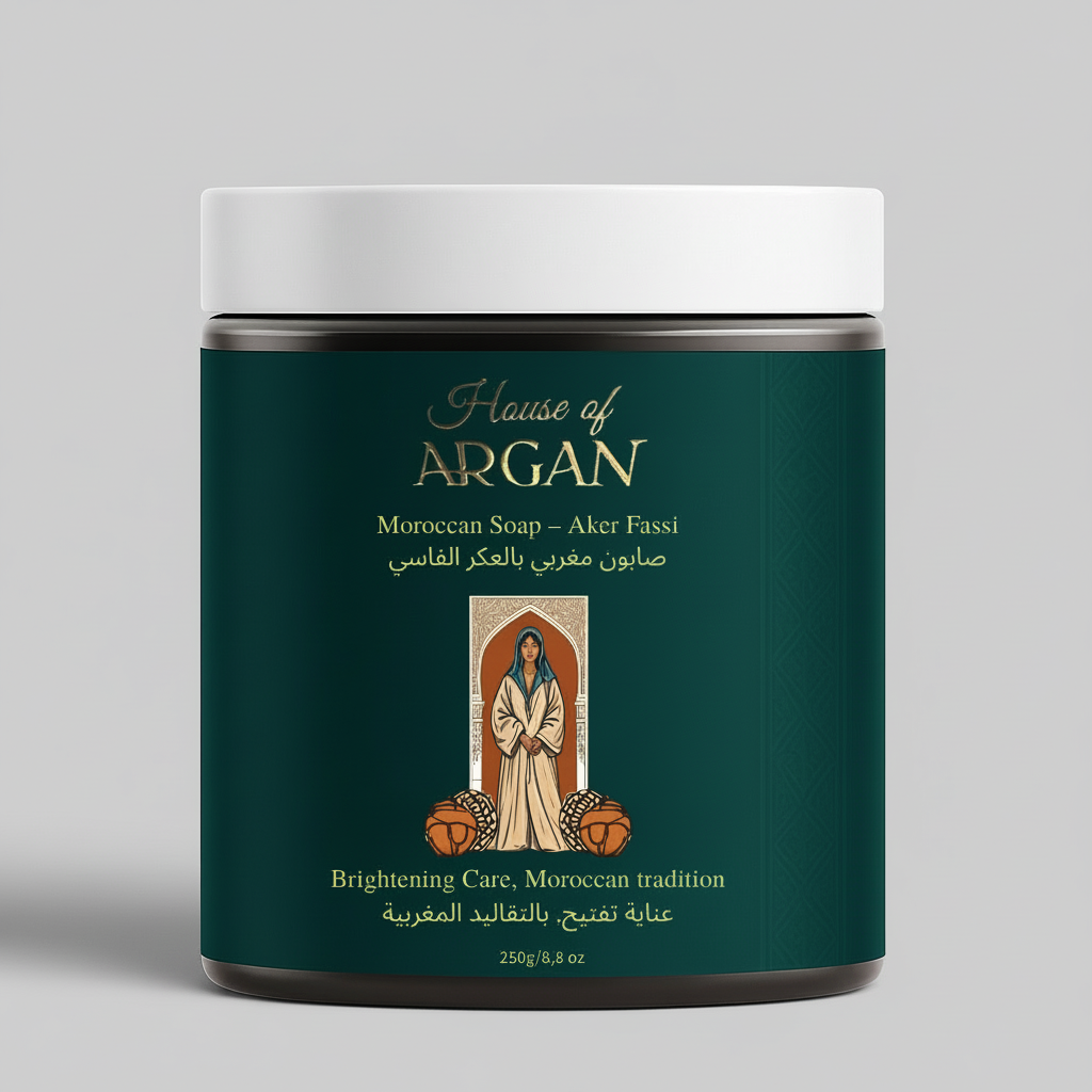 House of Argan Moroccan Aker Fassi Soap 250g jar with traditional Moroccan packaging on gray background