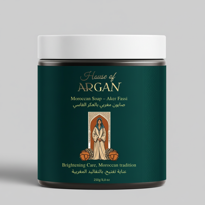 House of Argan Moroccan Aker Fassi Soap 250g jar with traditional Moroccan packaging on gray background