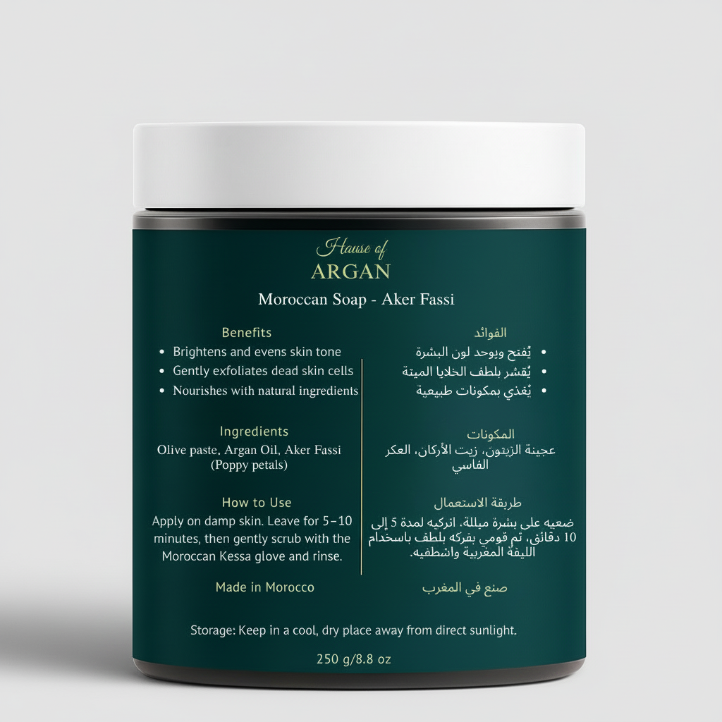 House of Argan Moroccan Aker Fassi Soap back label showing ingredients, benefits, and hammam usage instructions