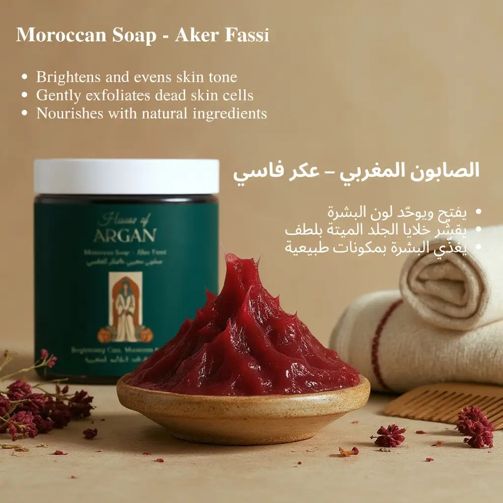House of Argan Moroccan Aker Fassi Soap with red paste, natural ingredients, and traditional hammam skincare accessories