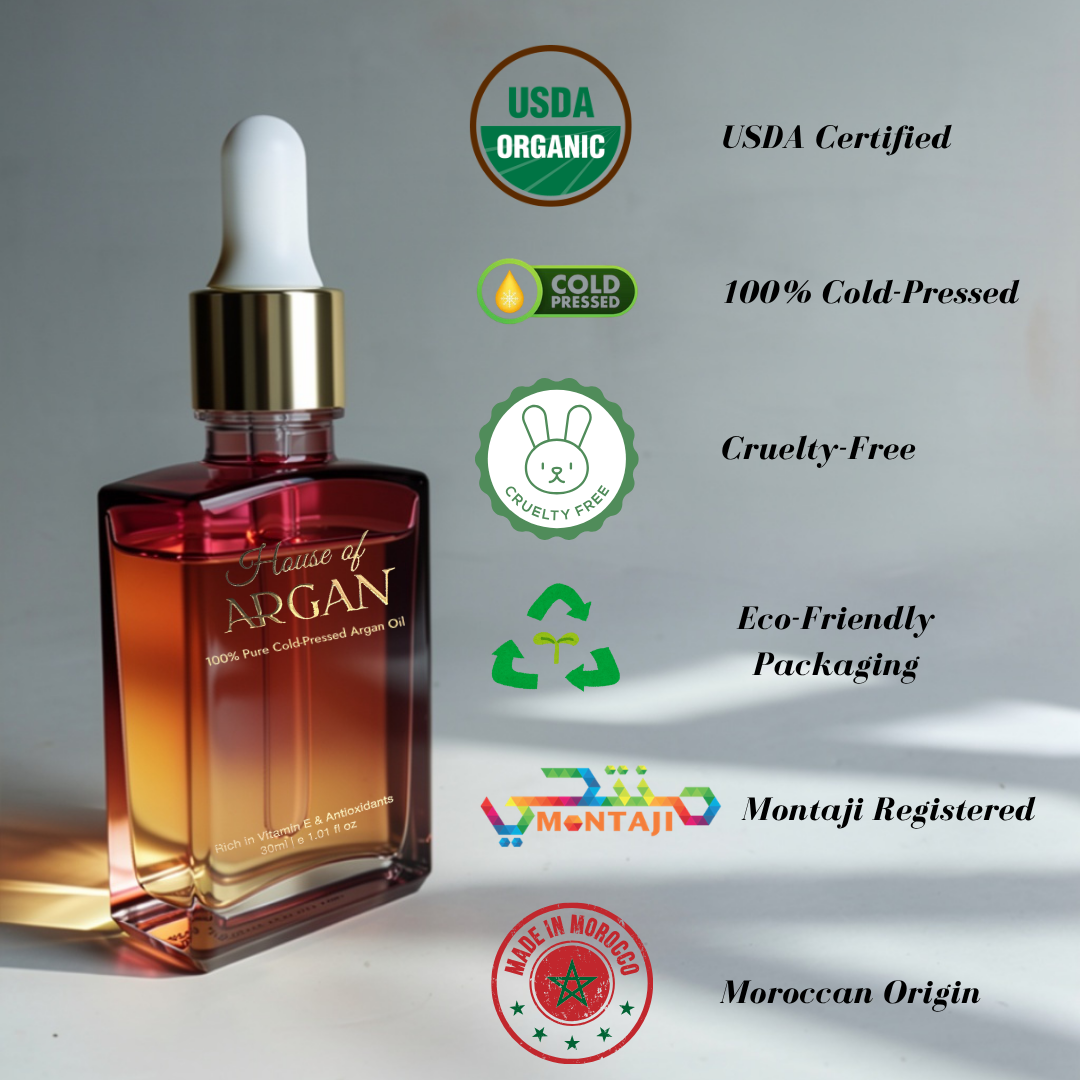 House of Argan 100% Pure Cold-Pressed Moroccan Argan Oil dropper bottle with USDA Organic certification badges