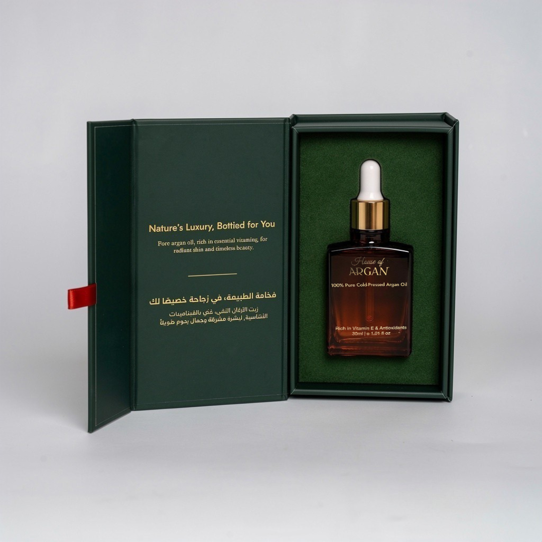 House of Argan 30ml 100% pure cold-pressed Moroccan argan oil dropper bottle in luxury gift box with velvet interior