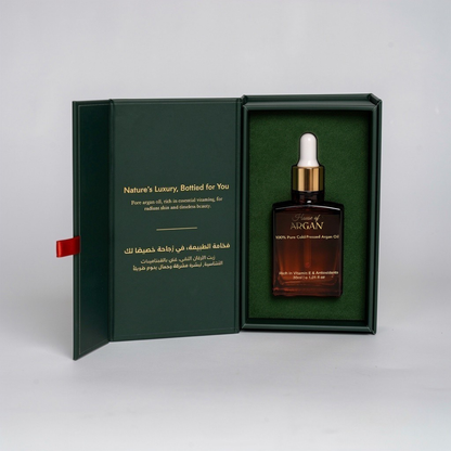 House of Argan 30ml 100% pure cold-pressed Moroccan argan oil dropper bottle in luxury gift box with velvet interior