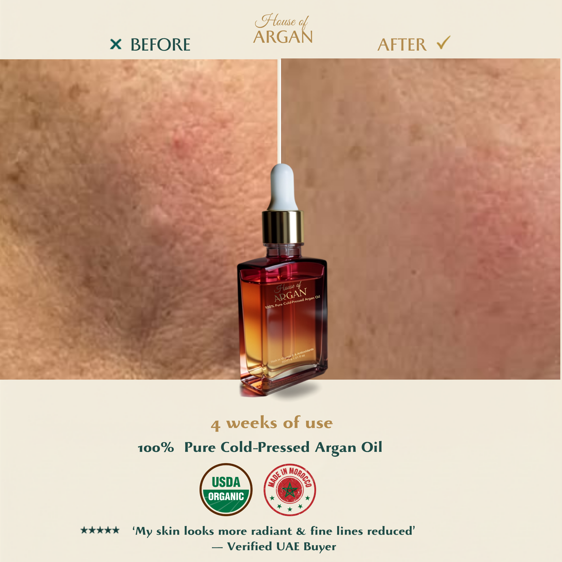 House of Argan 100% Pure Cold-Pressed Moroccan Argan Oil before and after skincare results showing smoother, radiant ski