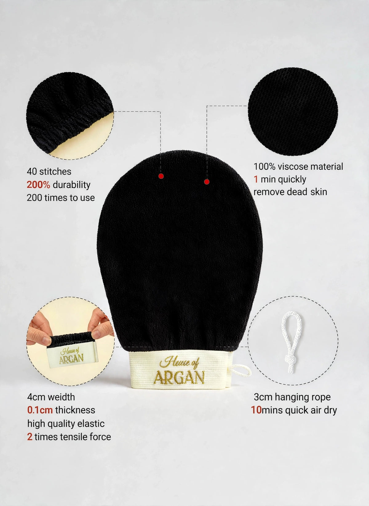 House of Argan black kessa glove infographic showing 40 stitches, 100% viscose material, high quality elastic band and 3cm hanging rope for quick air dry
