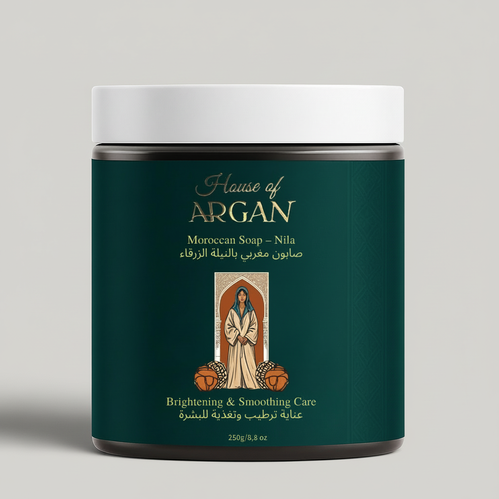 House of Argan Moroccan Blue Nila Soap 250g jar with traditional Moroccan packaging on gray background