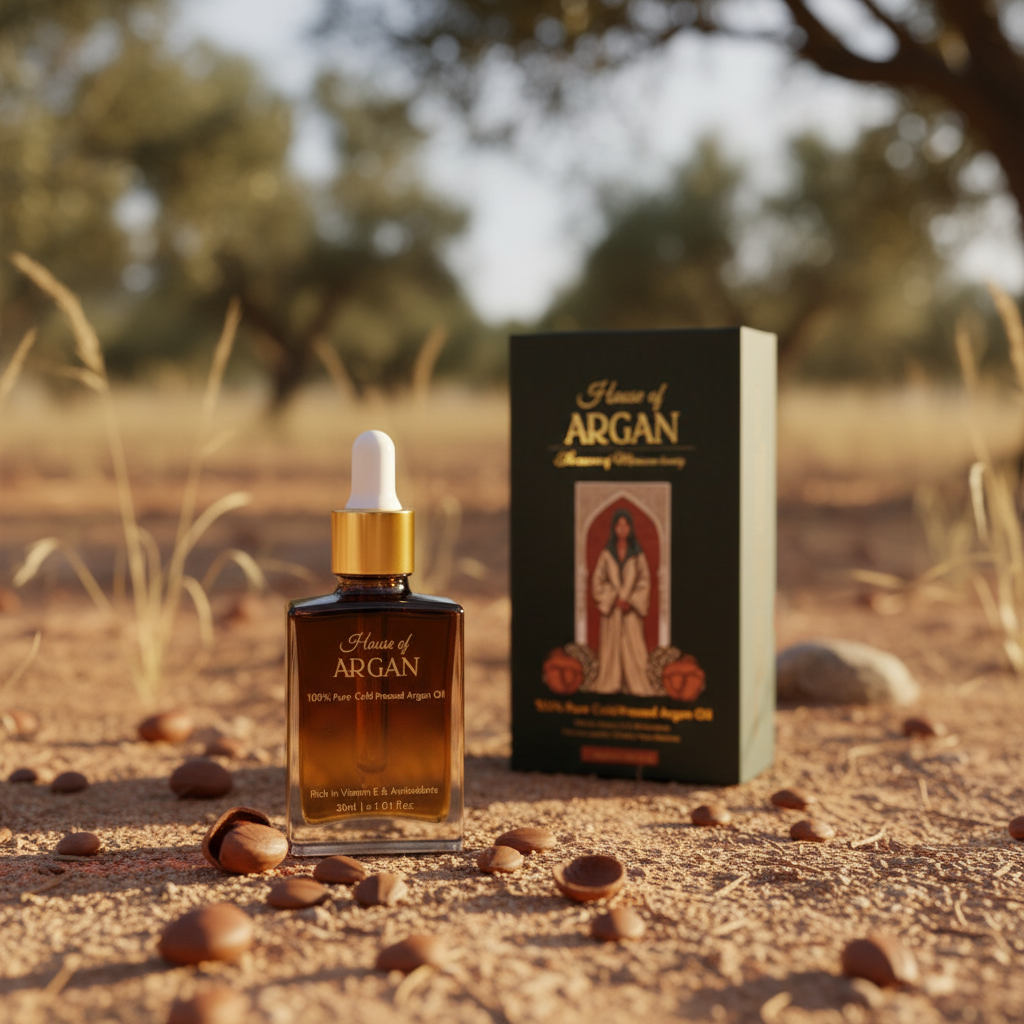 House of Argan bottle in Moroccan argan grove