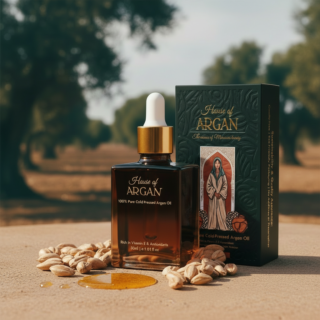 House of Argan bottle with blurred box