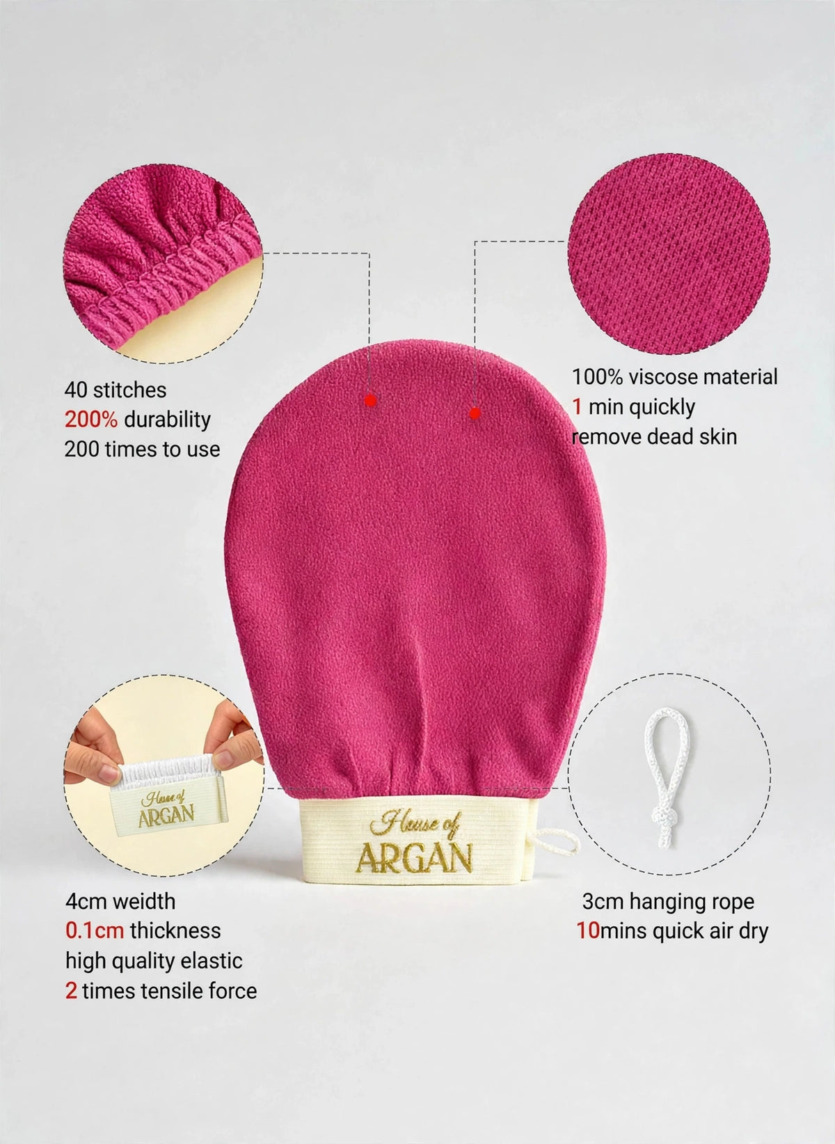 House of Argan fuchsia kessa glove infographic showing 40 stitches, 100% viscose material, high quality elastic band and 3cm hanging rope for quick air dry
