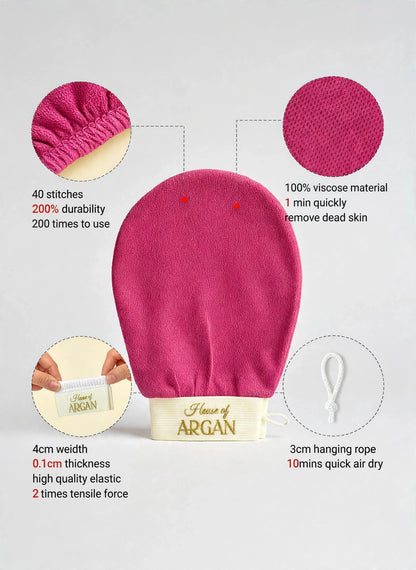 House of Argan fuchsia kessa glove infographic showing 40 stitches, 100% viscose material, high quality elastic band and 3cm hanging rope for quick air dry
