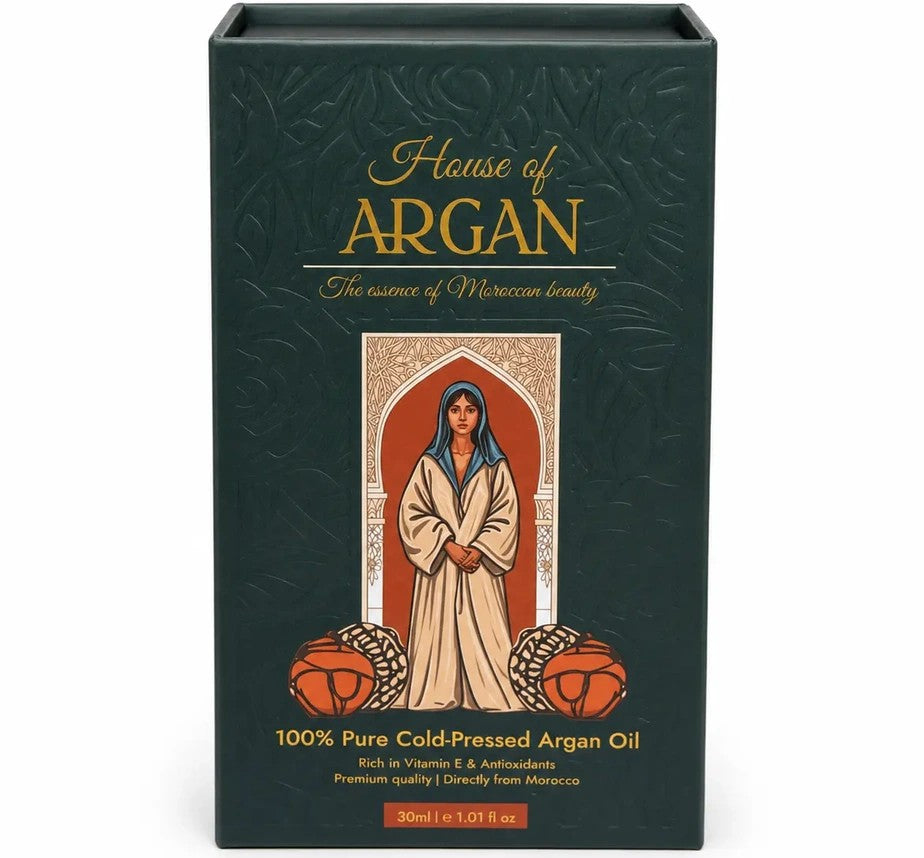 House of Argan luxury gift box packaging for 30ml 100% pure cold-pressed Moroccan argan oil with Moroccan-inspired design
