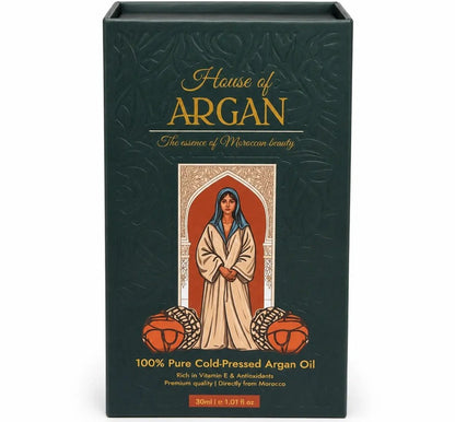 House of Argan luxury gift box packaging for 30ml 100% pure cold-pressed Moroccan argan oil with Moroccan-inspired design