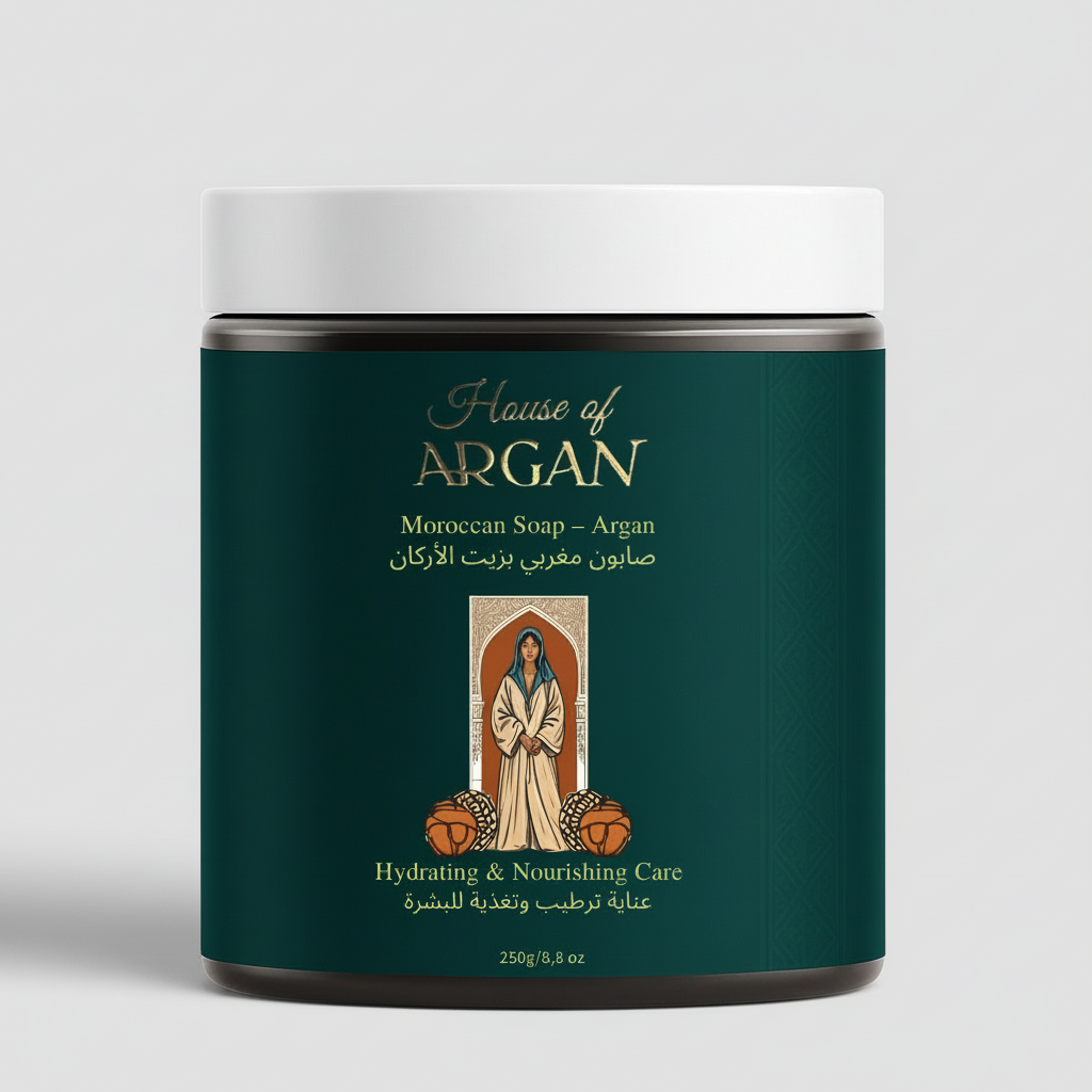 House of Argan Moroccan Argan Soap 250g jar with argan oil and traditional Moroccan packaging on gray background