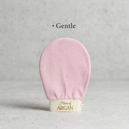 House of Argan pink Moroccan kessa glove for gentle body exfoliation, displayed upright on a neutral background
