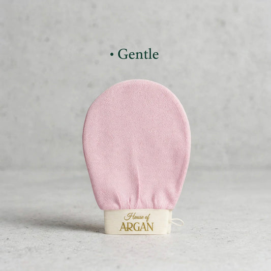 House of Argan pink Moroccan kessa glove for gentle body exfoliation, displayed upright on a neutral background

