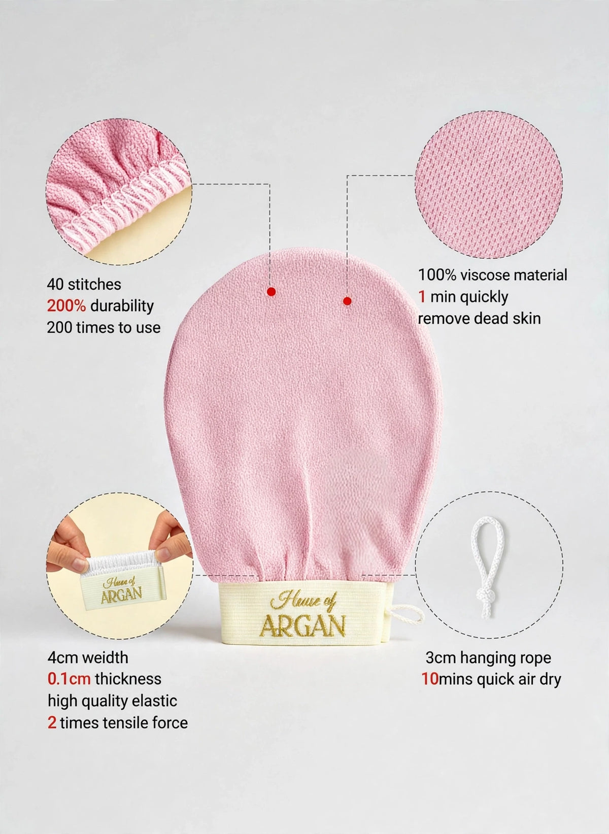 House of Argan pink kessa glove infographic showing 40 stitches, 100% viscose material, high quality elastic band and 3cm hanging rope for quick air dry
