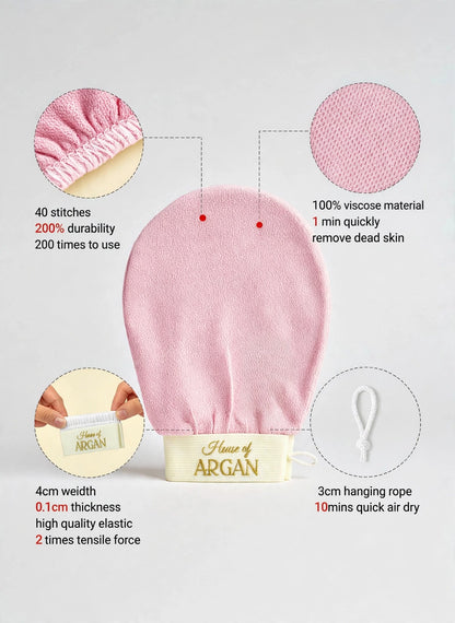 House of Argan pink kessa glove infographic showing 40 stitches, 100% viscose material, high quality elastic band and 3cm hanging rope for quick air dry

