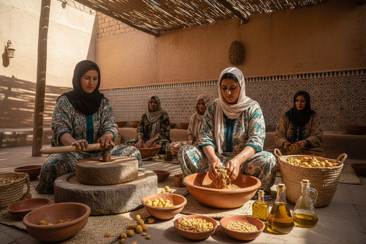 Our argan oil is produced in small batches using traditional, hand-extraction methods. Every part of the fruit is respected — even the nutrient-rich argan press cake is reused as natural animal feed in Morocco.